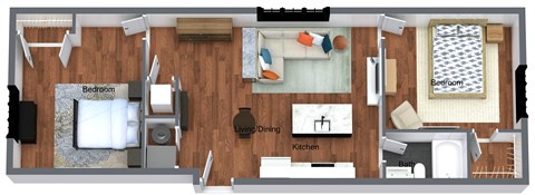Floor plan for 2 beds, 1 bath, 902 sqft
